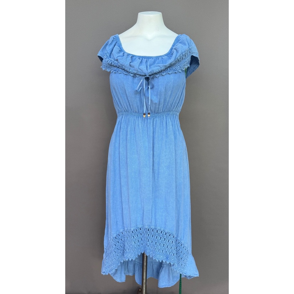 Seaspice XL Blue Peruvian Cotton Crochet Lace High-Low Off-Shoulder Resort Dress